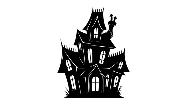 Spooky Haunted House Silhouette: A sinister silhouette of a haunted mansion, with a crooked silhouette of chimneys and gabled windows, standing ominously amidst a ghostly glow.