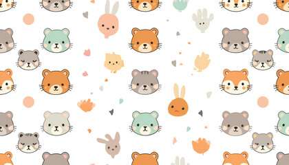Obraz premium Seamless Repeat Pattern of Small Cute Animal Faces - Fox, Bear, Rabbit, Cat - Flat Cartoon