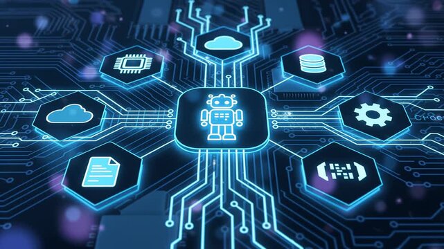 AI agent connected to glowing technology icons on dark blue background