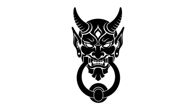 Demonic Door Knocker: A striking black and white illustration of a fearsome demonic face with prominent horns and fangs, designed as a functional door knocker with a metal ring.
