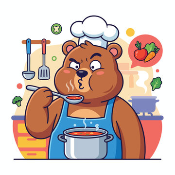 A funny bear mascot chef wearing a blue apron and chef hat tastes soup from a spoon in a kitchen setting
