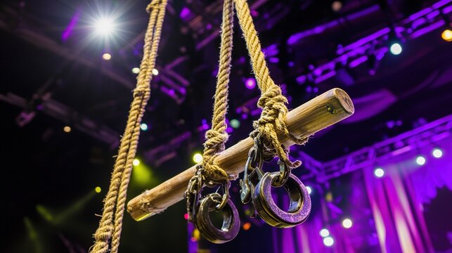 carabiners. Close-up of a theatrical rigging system with ropes and pulleys. safety posters, maintenance manuals, designed for industrial assembly lines and welding operations, used by engineers.