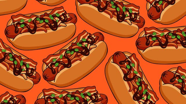 High-quality footage featuring a repeating pattern of gourmet hot dogs topped with bacon, sauce, and green onions. Perfect for restaurant marketing, food festivals, menu promotions