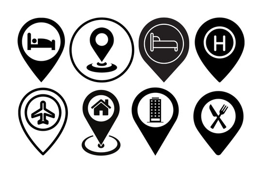 Collection of location pins with various icons for navigation and travel