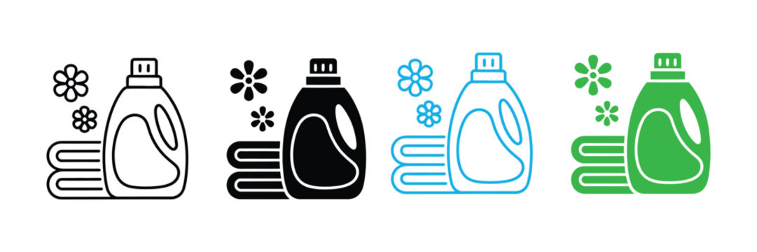 Set of laundry detergent bottle icons with folded towels and scent bubbles vector illustration for cleaning and fabric care concepts.