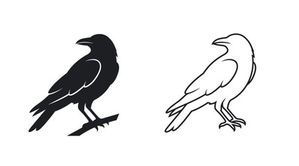 Fototapeta premium Raven silhouettes and line art on a white background