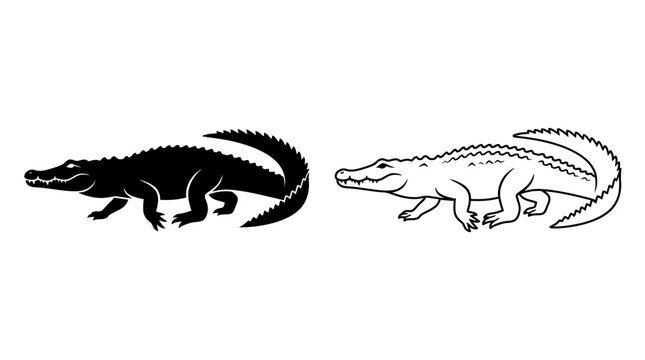 Crocodile Silhouettes On White Background Two Different Styles