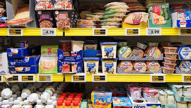 Supermarket shelves displaying a variety of food products