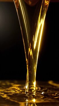 Golden viscous oil pouring into a smooth liquid pool.