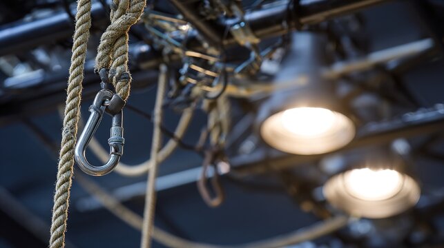 carabiners. Close-up of a theatrical rigging system with ropes and pulleys. safety posters, maintenance manuals, designed for industrial assembly lines and welding operations, used by engineers.