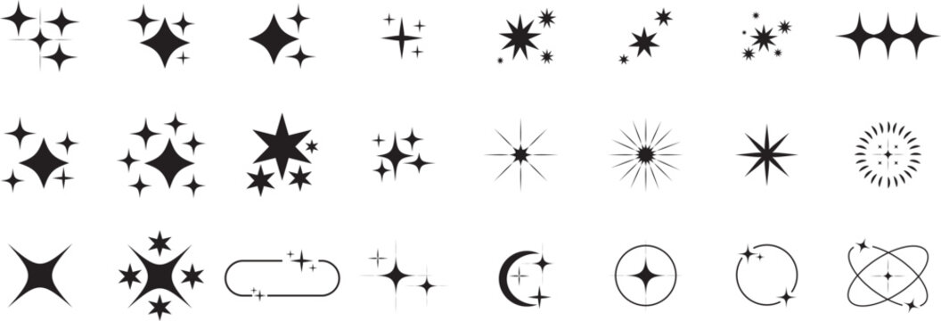 Sparkles, stars and bursts icons, twinkling stars. Sparkle Icons set. Twinkle stars collection. Shine star icons. for creative graphic ornament and elegant branding layouts, containing clean flat vect