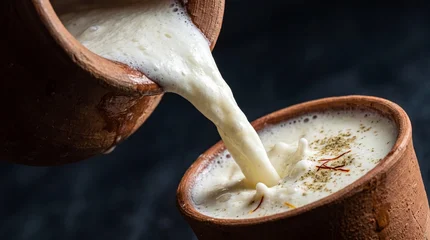 Creamy lassi being poured from clay matka into traditional clay glass with saffron © Arif