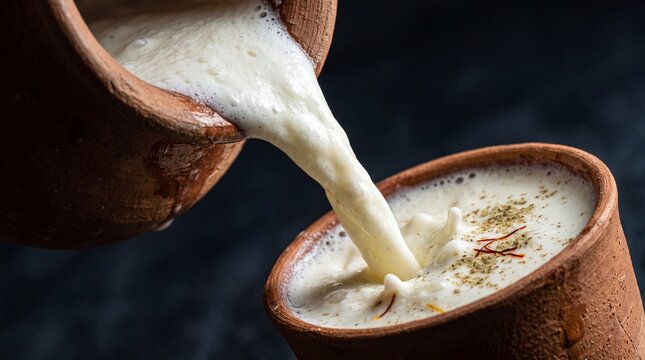 Creamy lassi being poured from clay matka into traditional clay glass with saffron