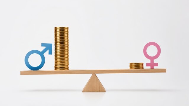 unbalanced seesaw with male and female gender symbols beside unequal coin stacks on white background, financial inequality and wage gap scene, concept of human resources, employment law