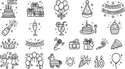 Set of Hand-Drawn Birthday Party Elements Including Cake, Balloons, Gifts, Party Hat, Decorations, Confetti, Drinks, and Celebratory Icons for Festive Greeting Card Design Projects © Malati