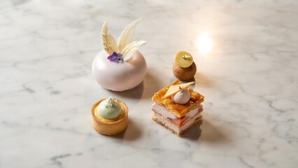 Fototapeta premium Top-view gourmet dessert with elegant decorative presentation.