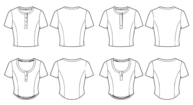 Technical sketch of women summer tops collection front and back views with t shirt, fashion design