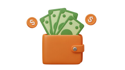 Orange leather wallet filled with green paper banknotes and floating gold dollar coins rendered in a smooth 3d cartoon style © 3D icon