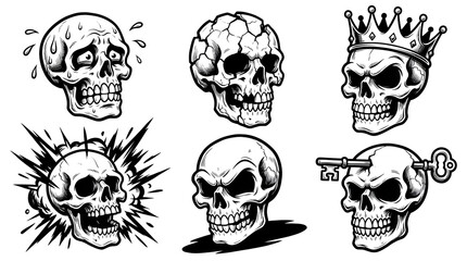 Fototapeta premium Halloween skull collection six detailed line art skulls isolated on transparent background
