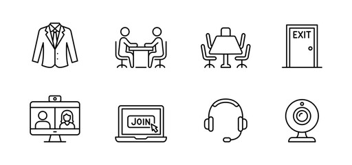 Fototapeta premium Business office meeting conference icon line business meeting icon set showing office suit, conference table, exit door, laptop, headset, webcam, and video call symbols for remote work