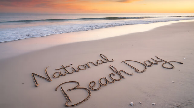 National Beach Day written in sand on a serene beach at sunset