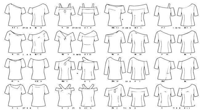 Collection of technical t-shirt fashion sketches front and back views with technical, clothing