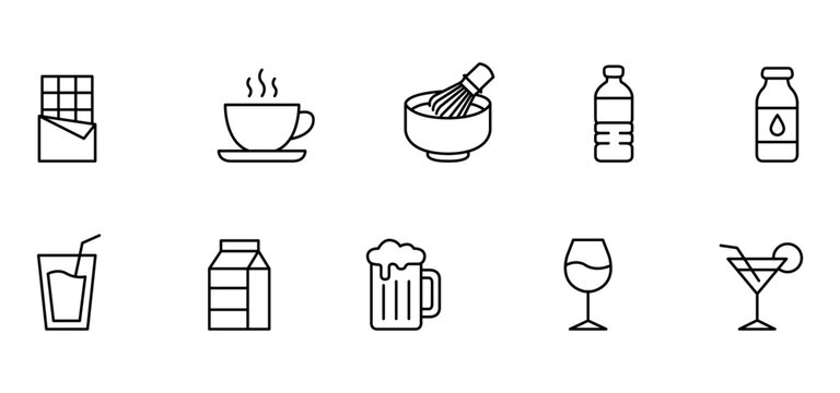 Drink icon beverage icon food icon outline icon line icon cup glass bottle carton chocolate coffee tea matcha milk water juice beer wine cocktail martini latte espresso hot drink cold drink dairy