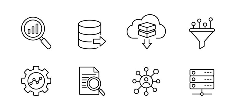 Data database cloud server analytics icon data database cloud server analytics icon set with line symbols for search download filter setting document network storage technology workflow