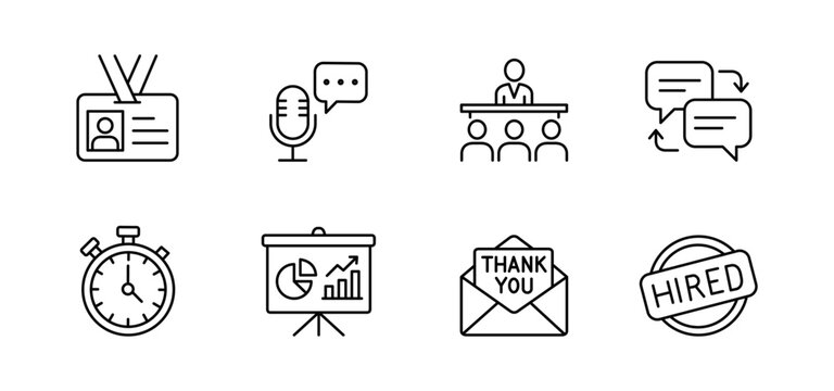 Icon interview job recruitment communication hiring Icon set featuring interview and recruitment symbols including badge microphone meeting chat stopwatch presentation thank you email hiring stamp