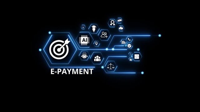 Digital payment network animation with glowing data connections and technology icons, online transaction processing and financial system . on transparent .
