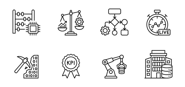 Artificial intelligence automation data analytics algorithm icon outline technology process Industrial automation icon set featuring AI analytics algorithm workflow diagram live monitoring data