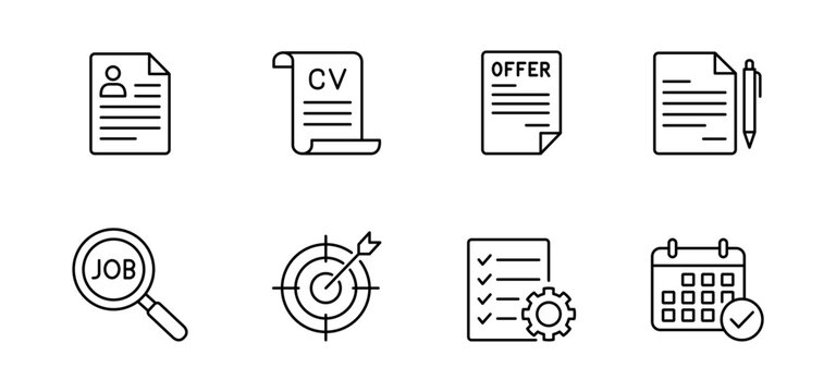 Resume cv job offer document icon line recruitment job search illustration with resume cv offer letter document job search target checklist calendar icon set for hiring and human resource workflow