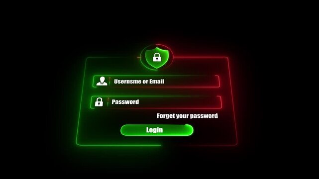 Neon blue glowing digital login form interface animation with username email input field and password box protected by secure padlock shield icon on dark black background for cyber security concept, 