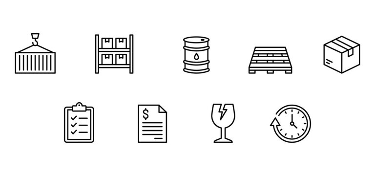 Shipping container warehouse rack oil barrel pallet cardboard box logistic icon delivery symbol inventory sign cargo outline