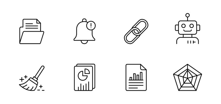 Document icon outline minimal set symbol Document and interface icon outline set with folder notification bell link robot broom report chart graphic on transparency background for clean design