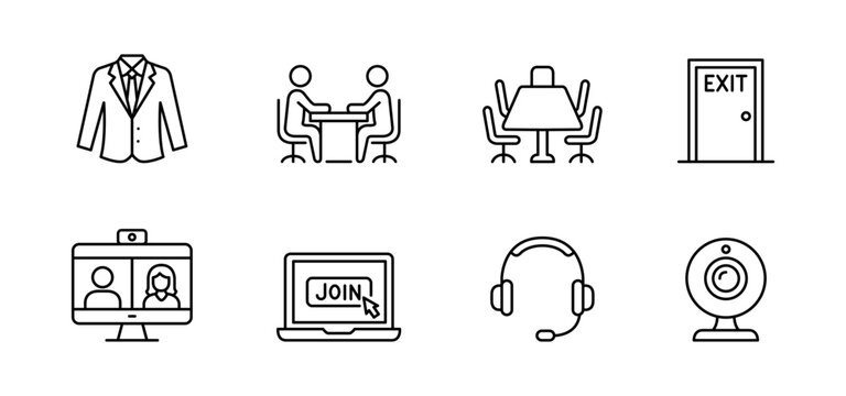 Business office meeting conference icon line business meeting icon set showing office suit, conference table, exit door, laptop, headset, webcam, and video call symbols for remote work
