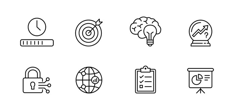 Time clock target goal brain idea forecast security time management and business strategy icon set with clock target brain bulb forecast lock globe checklist presentation chart line style