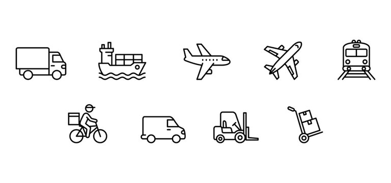 Truck cargo ship airplane train delivery transport logistics freight shipping travel, black outline icon set showing truck cargo ship airplane train bicycle courier van forklift hand truck