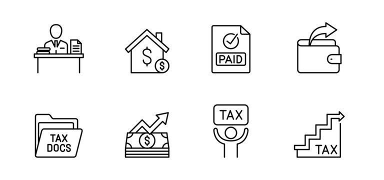 Tax finance payment wallet document icon accounting business money investment line icon set featuring tax document folder paid invoice wallet with bill financial growth chart tax sign tax stair