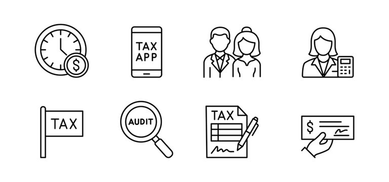 Tax icon finance accounting audit payment tax icon set with finance and accounting symbols, audit magnifier, tax form document, payment check, accountant, couple, and mobile tax application