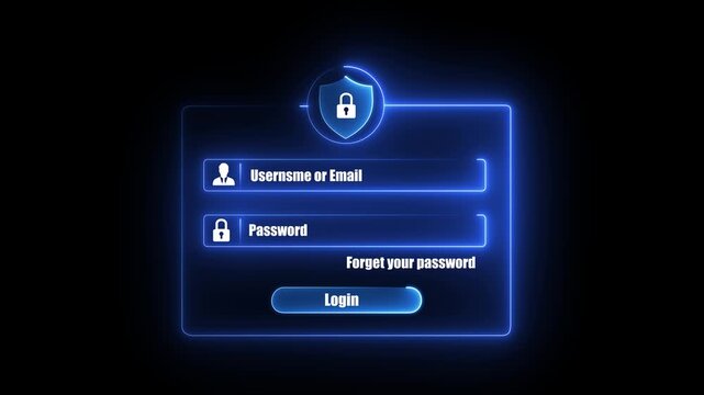 Neon blue glowing digital login form interface animation with username email input field and password box protected by secure padlock shield icon on dark black background for cyber security concept, 