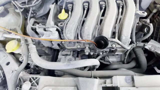 Mec&aacute;nico aceite varilla nivel dep&oacute;sito fluido coche mano con guante mantenimiento oil motor veh&iacute;culo revisi&oacute;n comprobaci&oacute;n revisar estado mec&aacute;nica engine car 