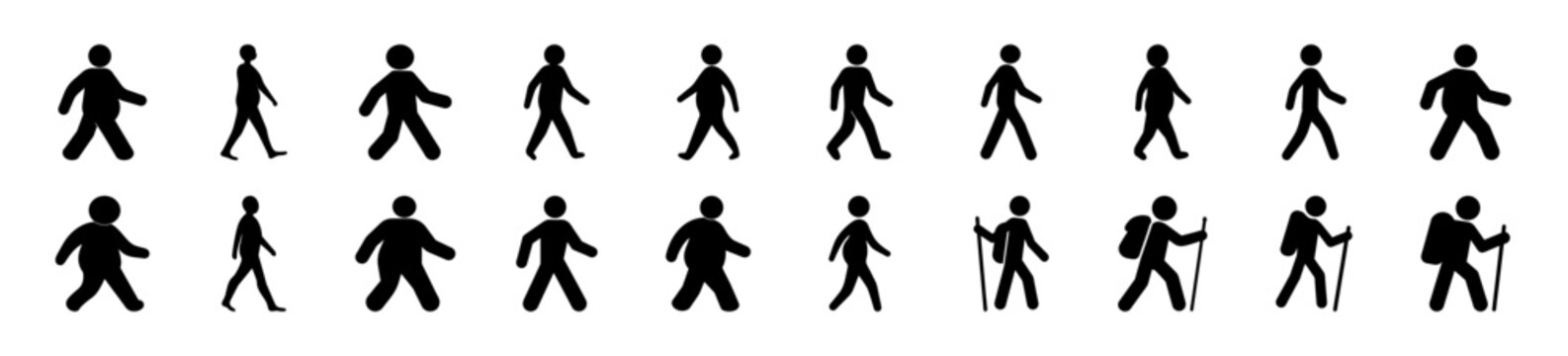 Simple walking stick figure icons set - A clean and minimal set of walking stick figures in black and white, showing various walking styles and poses for icons or illustrations.