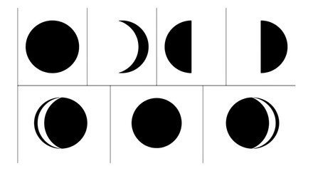Minimalist moon phases icon set, black lunar cycle silhouettes, celestial astronomy vector elements for calendar and astrology design © MD