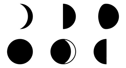 Minimalist moon phases vector set, black lunar cycle icons on white background, astronomical crescent and full moon silhouettes for design © MD