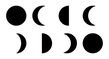 Minimalist moon phases icon set, black lunar cycle silhouettes, celestial astronomy vector elements, 8 moon stage symbols for calendar design © MD