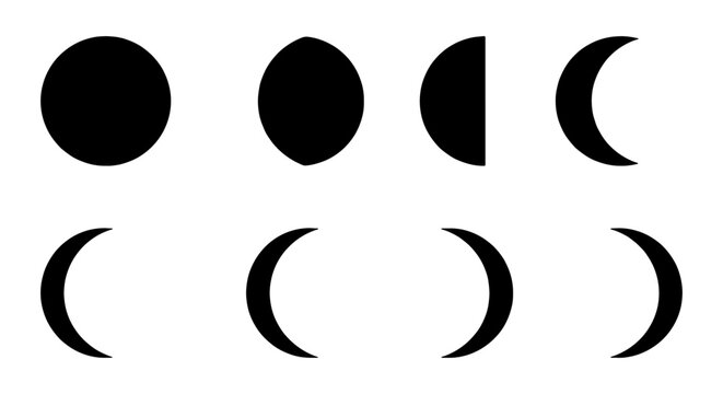 Minimalist moon phases vector set, black lunar cycle icons, celestial moon silhouettes, astronomical transition symbols for design