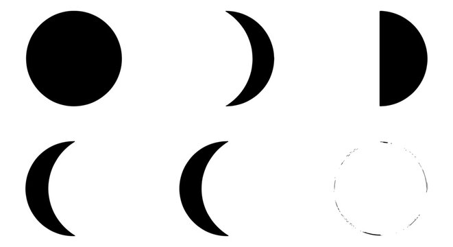Minimalist moon phases vector set, black lunar cycle icons on white background, celestial astronomy symbols for calendar and astrology design