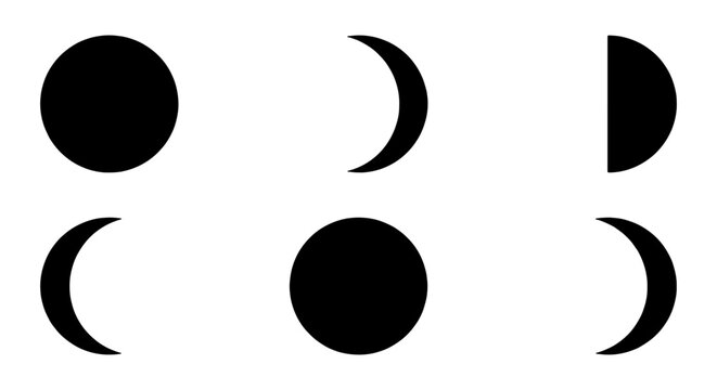 Minimalist moon phases vector set, black lunar cycle icons on white background, celestial astronomy symbols for calendar and tattoo design