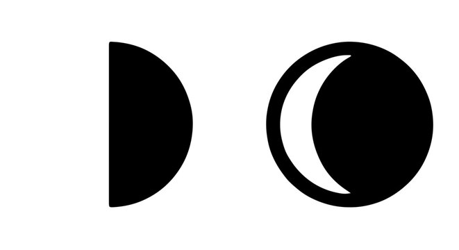 Minimalist moon phases vector icons, black celestial lunar cycle symbols, geometric half moon and crescent shapes for UI design